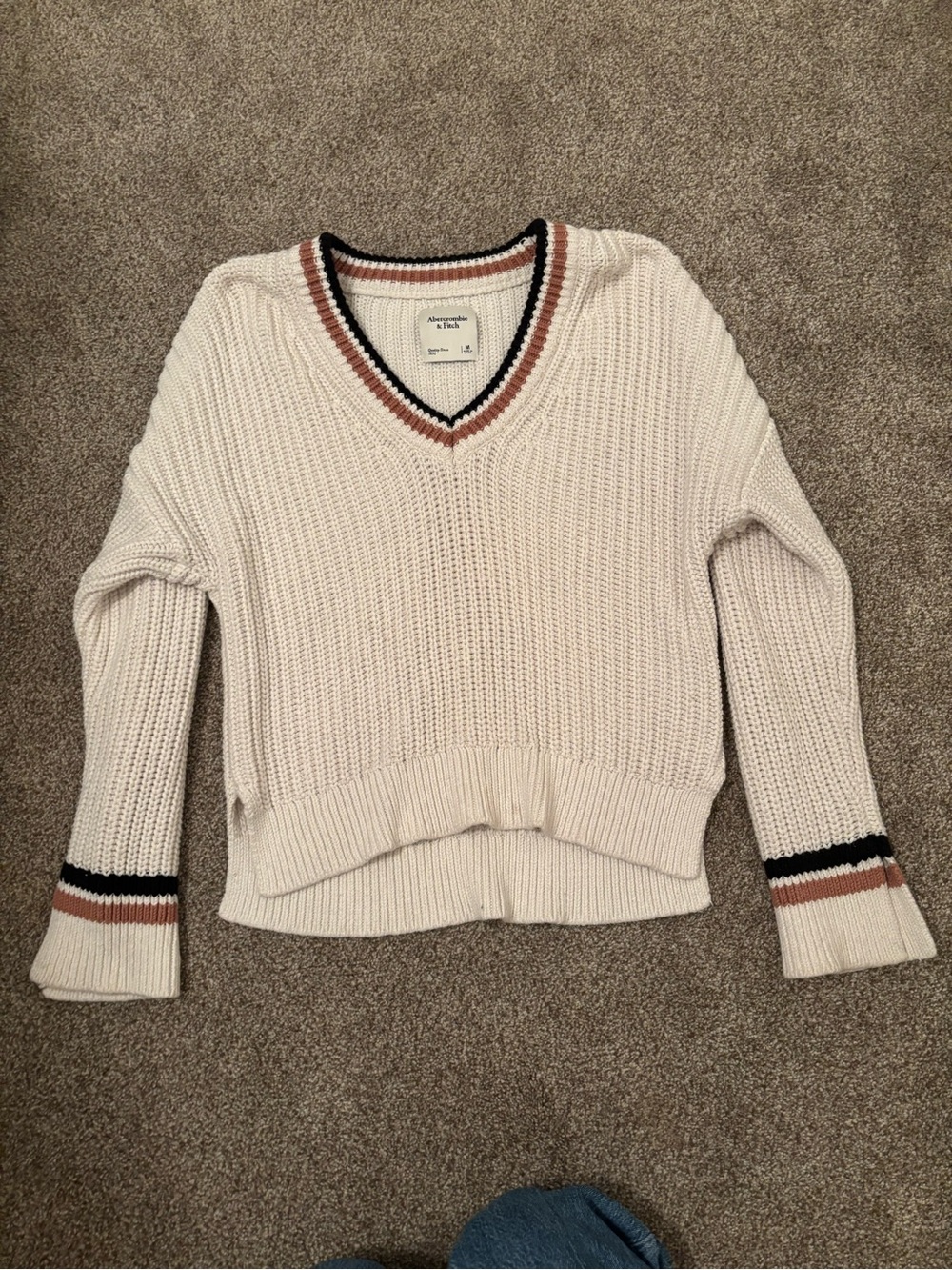 Abercrombie & Fitch Cream V-Neck Sweater with Black and Brown Stripe Trim